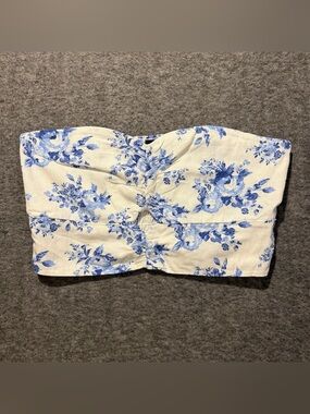 Tullea Tube Crop Top Women XL White Blue Floral Linen Blend Smocked Back Bandeau